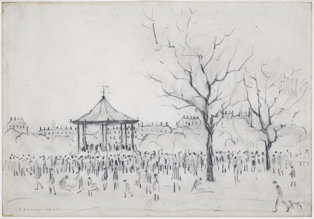 Drawing. Dark smudges under a bandstand suggest musicians. A large crowd of people, each indicated with a dot for the head and a few vertical lines or a scribble for the body, mills around the bandstand and the barren trees that cut into the blank sky. Rows of buildings line the horizon in the distance.