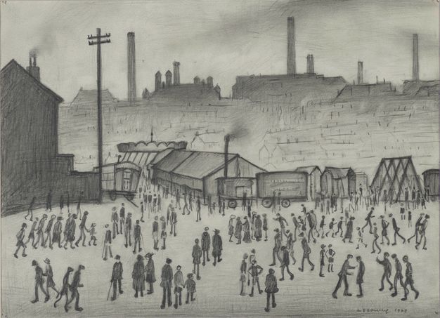Drawing. Dozens of people rendered as dark silhouettes stride or stand in an open space in front of a row of tents and wagons. A skyline bristling with smokestacks rises above. Smudged pencil indicates smoke coming from and settling around the chimneys and smokestacks.