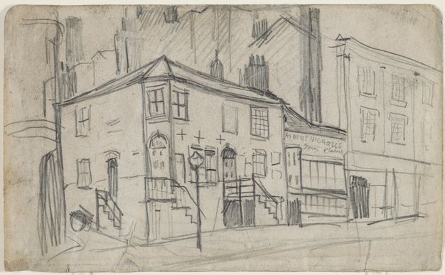 Drawing. A row of buildings moving away from us and to our right includes townhouses, a shop front under a sign reading “Albert Nicholls”, and a stately building that towers over its two-storey neighbour and extends off the page.