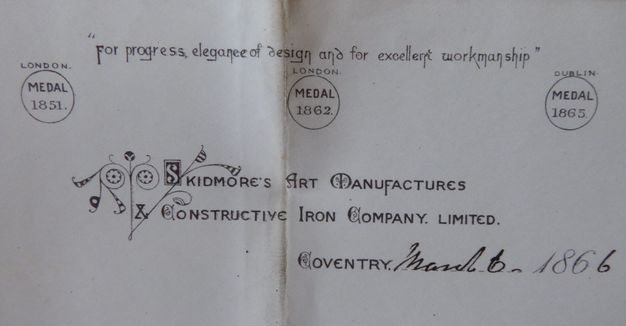 Letterhead. Horizontally oriented printed card or paper reads, “For progress, elegance of design and for excellent workmanship” across the top. Three circles spaced across the page under have text reading, “London Medal 1851”, “London Medal 1862”, and “Dublin medal 1865”.