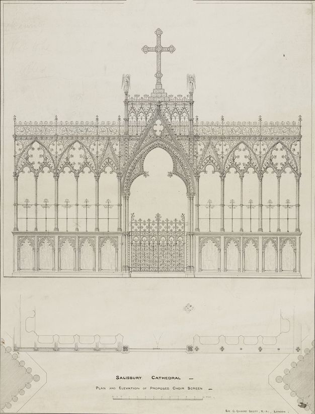 Drawing. A precise, very detailed drawing shows the gate of a choir screen flanked by five three-lobed aches to each side. A cross rises above the central gate, which is wider and taller than the others.