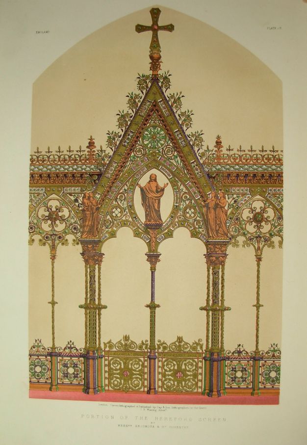 Illustration. The central section of a choir screen has sculptural groups spaced across the triangular tympanum. A man, Jesus Christ, at the centre holds up both hands. Two pairs of angels look from the outer corners of the tympanum, which is filled with intricate tracery in muted red, pink, blue, and green.