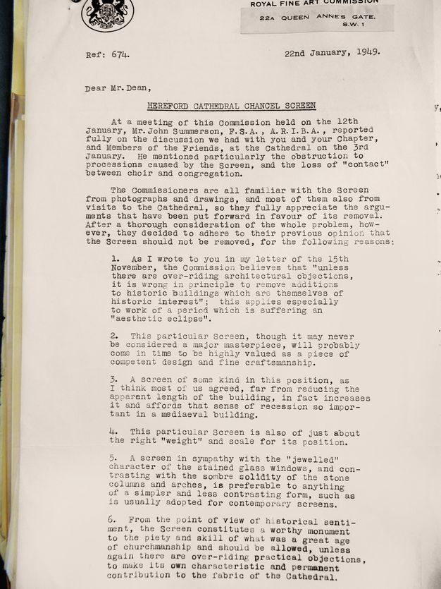 Typewritten letter. The first of a two-page letter reads, “Dear Mr. Dean, Hereford Cathedral Chancel Screen”. A summary of a meeting the Fine Art Commission and the Dean on 12th January is followed by the Commission’s reasoning for not allowing the screen to be removed.