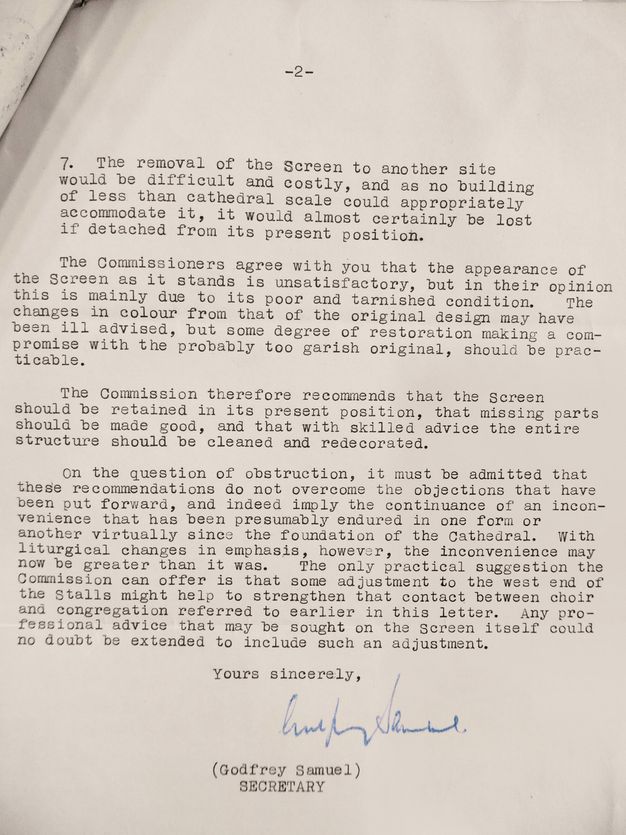 Typewritten letter. The second of a two-page letter makes recommendations to clean and restore a chancel screen rather than remove it. The letter is signed “(Godfrey Samuel) Secretary”.