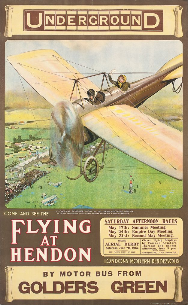 Print. We look down into the two cockpits of a reflective brown and yellow monoplane. A man wearing an aviator hat and goggles hunches over the controls in the front. A woman waves a white handkerchief in the back. A vast green field is below.