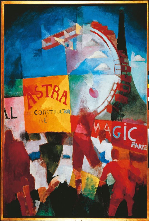 Painting. Loosely painted rugby players scuffle in front of a dream-like array of imagery. An arc of a red Ferris wheel is in the upper right next to a boxy biplane. A yellow sign near the centre reads “Astra” in red letters against a yellow background. A red sign with white lettering to our right reads “Magic”.