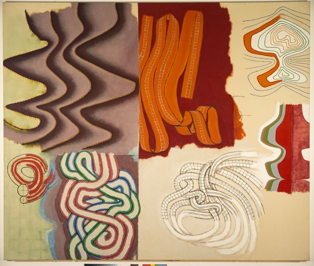 Drawing. Bands create a wide range patterns and configurations. For instance, deeply shadowed brown bands in the top left quadrant create the impression of ruffles, dunes, or walls of a maze. Below, lines outlined in red, green, or blue are reminiscent of a Celtic cross or intestines.
