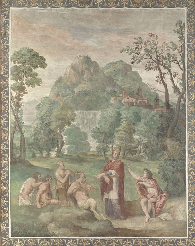 Painting. Five pale-skinned men and a satyr, a creature with a man’s body and goat’s legs, sit and stand long the bottom of a vertically oriented mountainous landscape. A man with ass’s ears, Midas, wears a crown and robes, and points to the satyr, Pan. A man to the other side, Apollo, holds a lyre and points up at Midas’s ears.