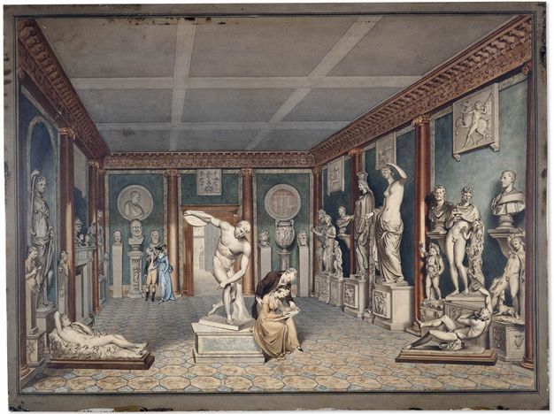 Watercolour. White sculptures line the slate-blue walls of a gallery-like room. Gold-coloured columns along the walls meet elaborately carved moulding. A woman sits drawing on the base of a sculpture in the middle of the room, and a man leans over her shoulder. The sculpture shows a man preparing to throw a discus.
