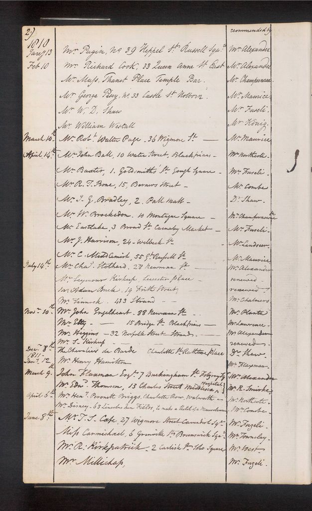 Handwritten register. Three columns capture the date, name of the visitor, and a name under a column titled “recommended by”. The date range captured here begins on “Jany 13” 1810 and ends “June 8th”.