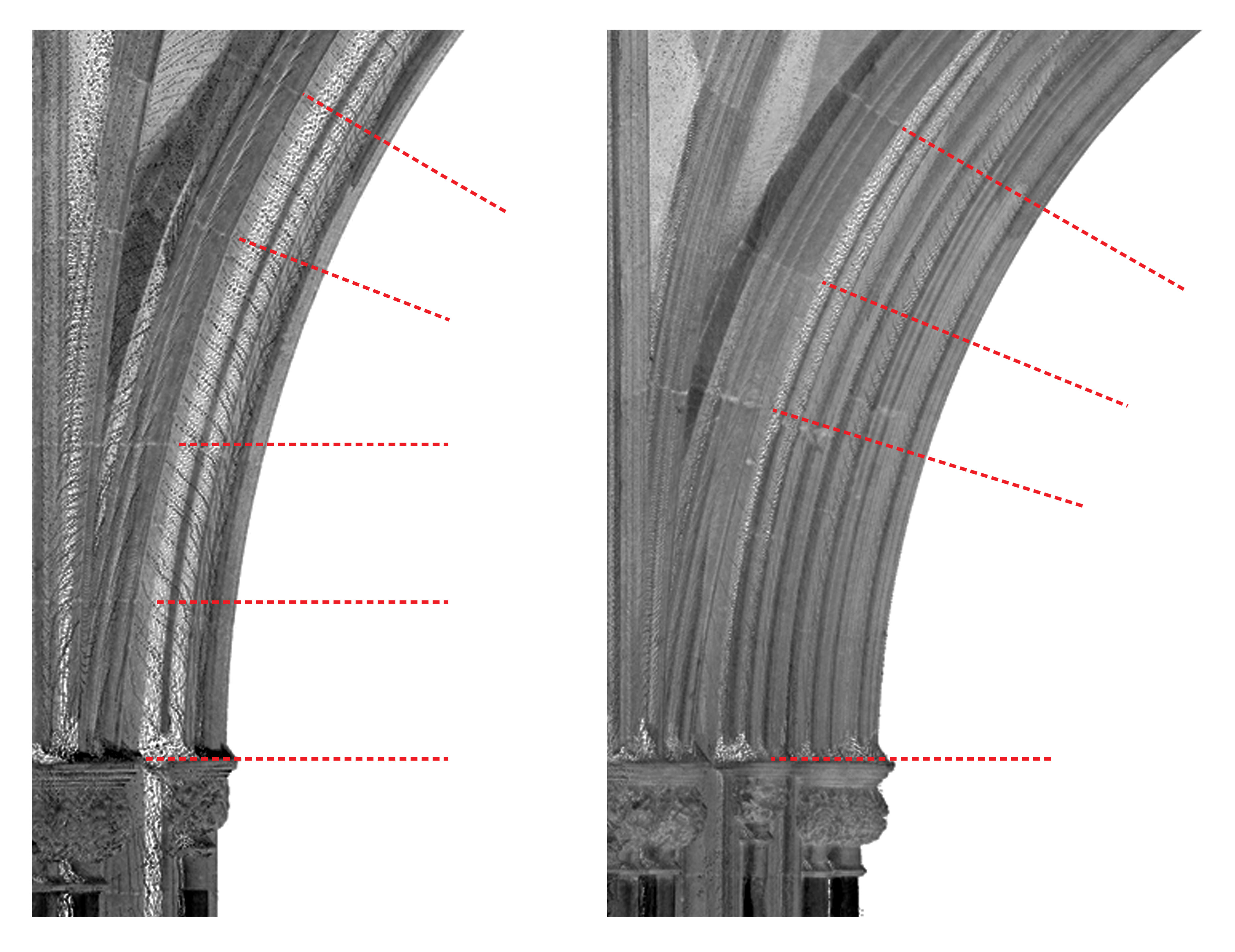 Diagrams. Two black and white photographs of springing stones, where the arch curves up from the base, are each marked with dotted red lines to show the angles towards a central point, out of view, at several places along its length.