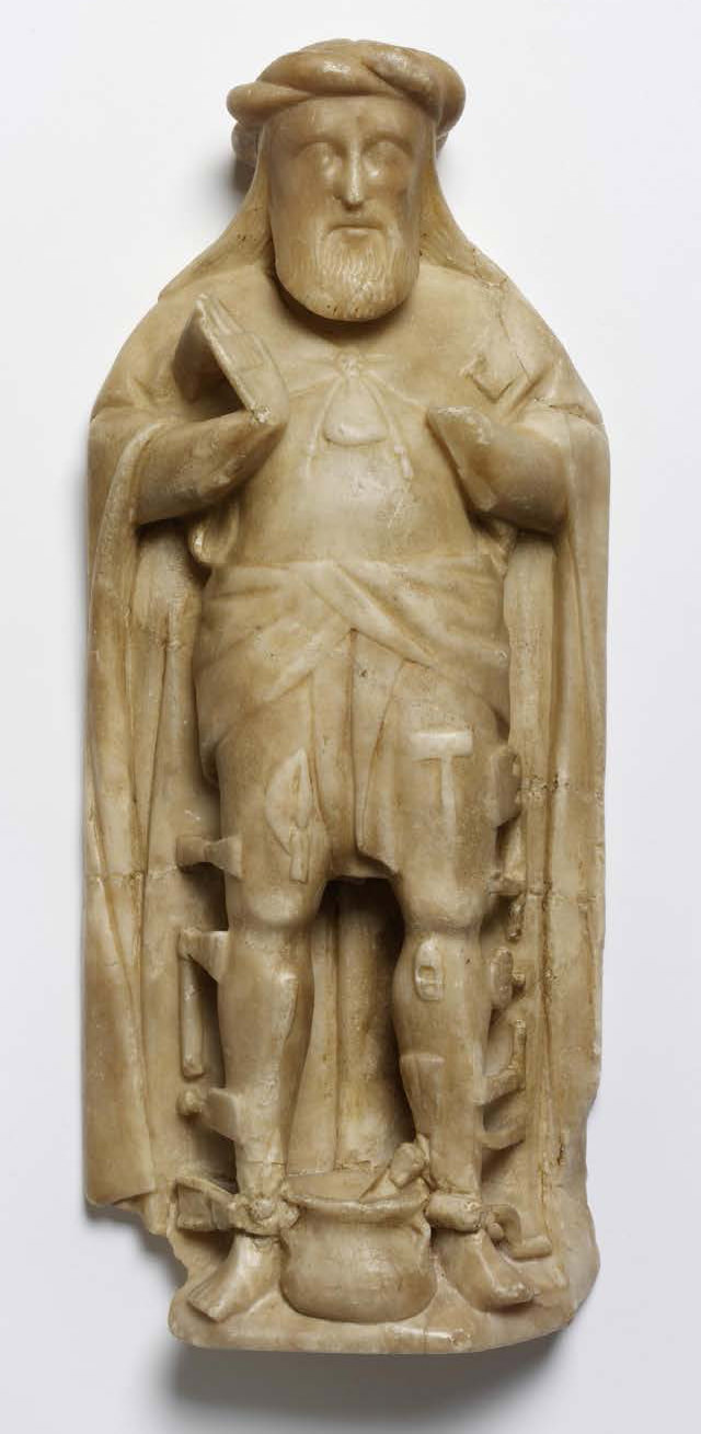 Sculpture. Carved from alabaster, a bearded man, Jesus Christ, stands with axes, nails, and other tools around his body. The figure's forearms and hands are missing.