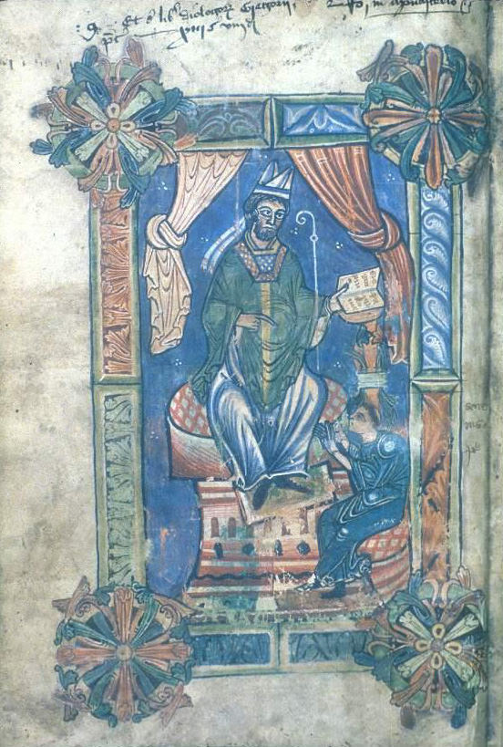 Illumination. A man wearing a split papal tiara and green and blue robes sits on a throne. He holds a book in one hand and points to a seated, tonsured monk at his feet.