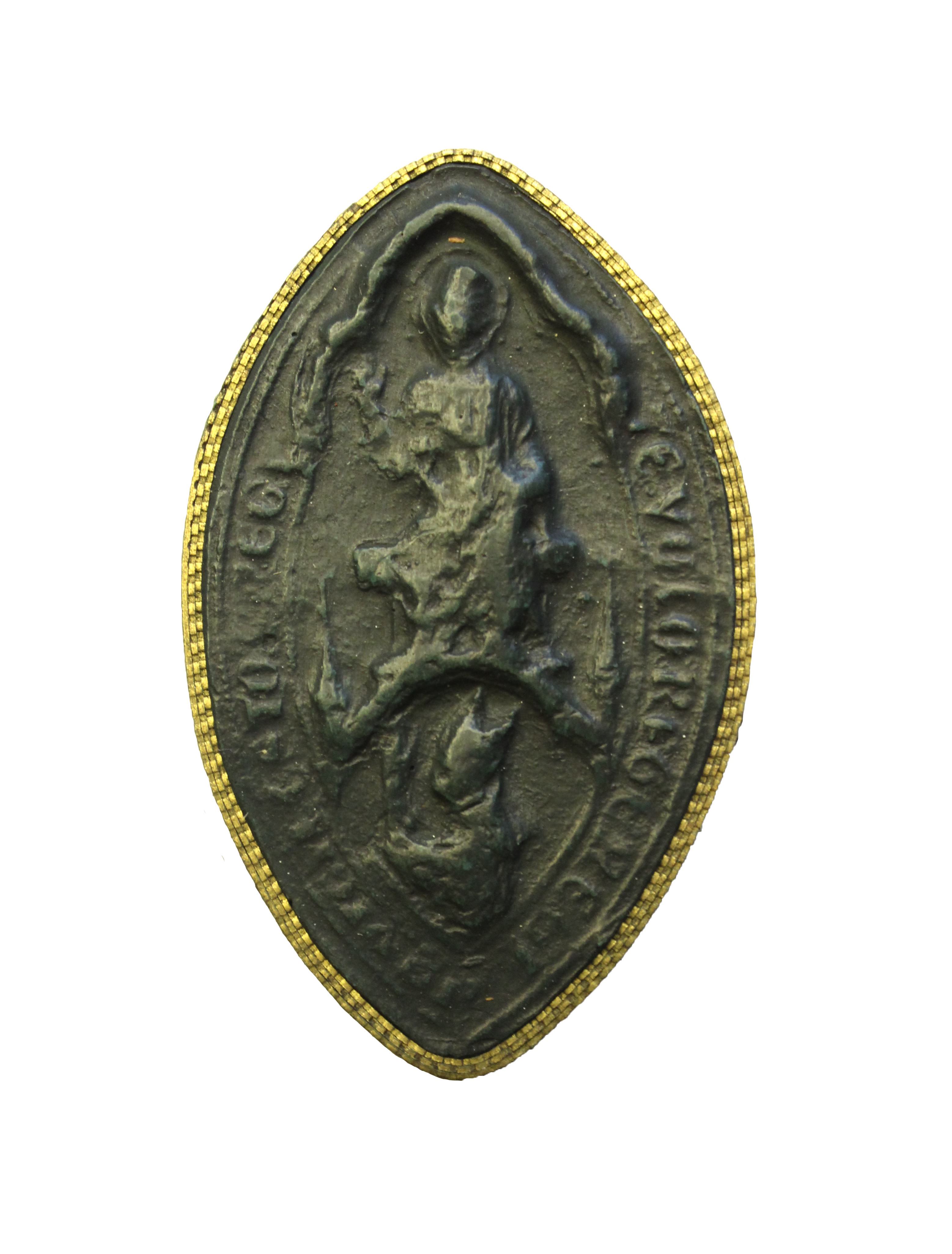 Seal. Cast of a marquise-shaped seal has a seated figure, Christ in Judgement, above a kneeling man. Latin text lines the perimeter. The surface is very worn and details are difficult to make out.