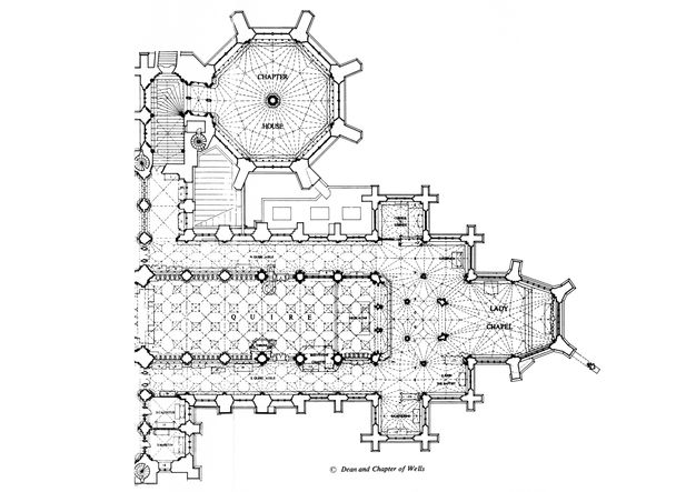 Plan. Footprint of the chapter house, nave, and lady chapel of Wells Cathedral. The arrangement of the vaulting is indicated with dotted lines.