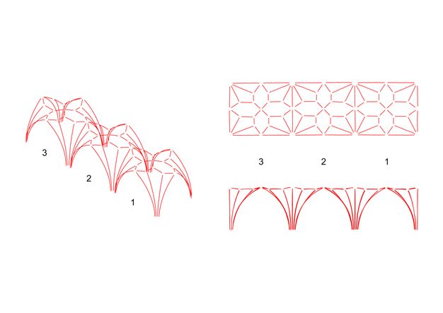 Digital drawings. Red lines show the arrangement of ribbing in three bays of a vaulted ceiling in Wells Cathedral. The illustration to our left shows the ceiling of the bays projected in space. The others show the plan, as if mapped on a flat surface, and an elevation.