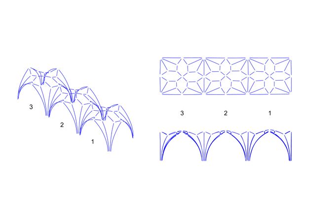 Digital drawings. Blue lines show the arrangement of ribbing in three bays of a vaulted ceiling in Wells Cathedral. The illustration to our left shows the ceiling of the bays projected in space. The others show the plan, as if mapped on a flat surface, and an elevation.