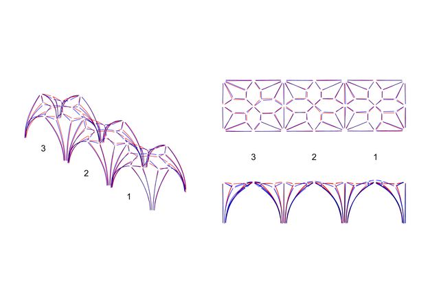 Digital drawings. Two diagrams of the ribbing in three bays of a vaulted ceiling in Wells Cathedral show the bays in space, as a flat plan, and as an elevation. A red schematic is overlaid with a blue one. The lines nearly but don't exactly overlap.