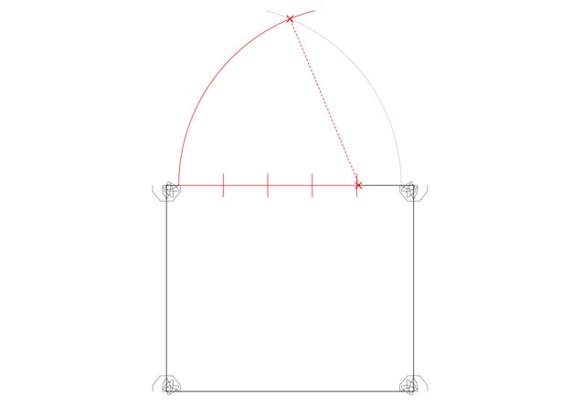 Diagram. A pointed arch is drawn above a square. The top edge of the square is marked with four red ertical lines at even intervals. The lefthand arc of the arch is red. An X at the apex is connected to the rightmost red vertical line on the square with a dotted line.