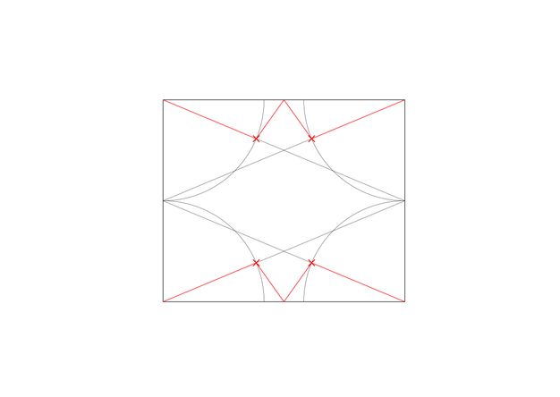 Diagram. Two wide grey X’es create zigzags in a rectangle. A red X, reaching into all four corners, is overlaid on the first grey pattern to mark the centre of the rectangle.