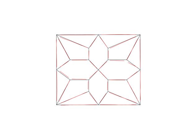 Diagram. Two tall grey X’es create zigzags in a rectangle over which a circle and curving lines are added. A red outline traces an octagonal star shape with four larger points and four smaller points. Four dotted lines in the middle of the rectangle are arranged like a tic-tac-toe grid with the centre of the centre square marked with an X.