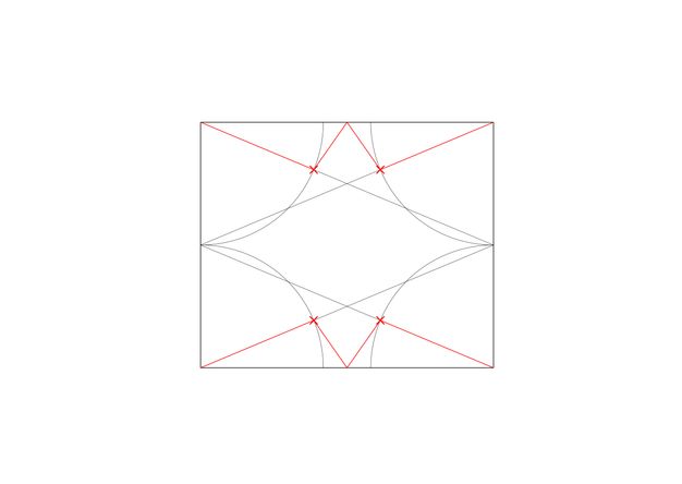Diagram. Two wide grey X’es create zigzags in a rectangle. A red X, reaching into all four corners, is overlaid on the first pattern to mark the centre of the rectangle.