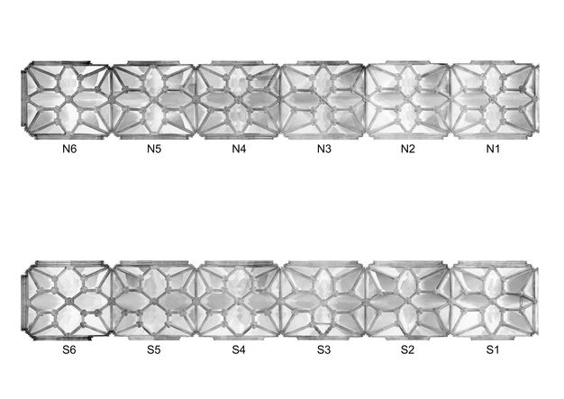 Digital image. The underside of a vaulted ceiling of the north aisle of Wells Cathedral is above a similar image below. The bays are labelled N6, N5, N4, N3, N2, and N1 above and S6, S5, S4, S3 S2, and S1 below.