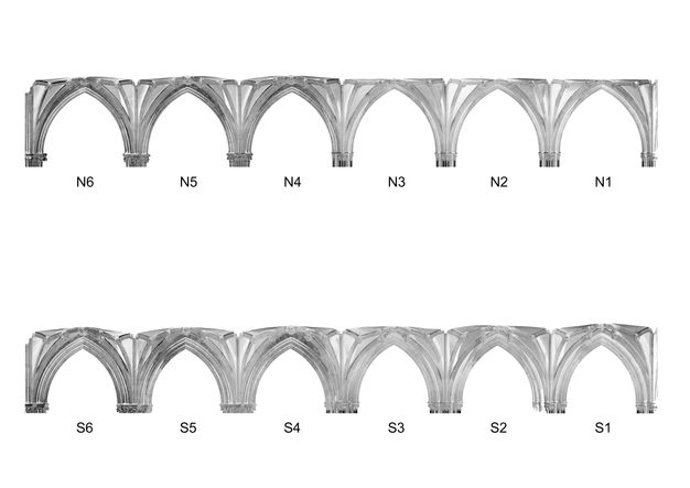 Digital image. The elevation of the vaulted ceiling of the north aisle of Wells Cathedral is above a similar image below. The bays are labelled N6, N5, N4, N3, N2, and N1 above and S6, S5, S4, S3 S2, and S1 below. The framing and ribbing of some of the bays, especially to the right, are noticeably thinner.