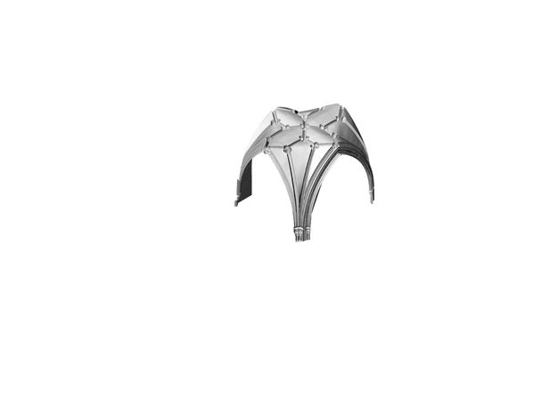 Digital model. Greyscale rendering shows the underside of a ribbed vault in Wells Cathedral. In other words, we look down onto a model of the negative space immediately under the vault.