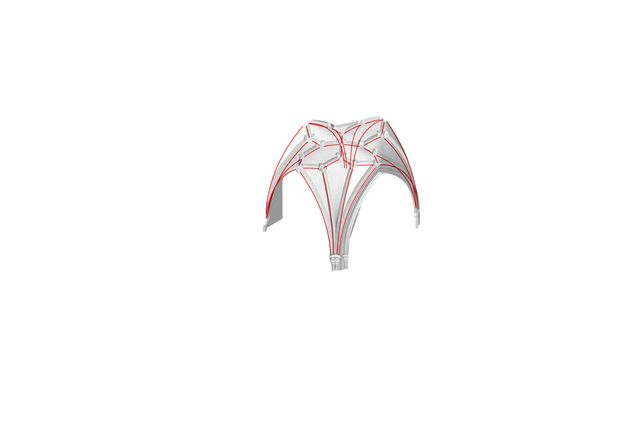 Digital model. Greyscale rendering shows the underside of a ribbed vault in Wells Cathedral. Red lines drawn over the model are close but do not directly overlap the ribs.