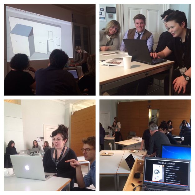 Colour photographs. Four photographs show men and women gathered around and talking over laptops. One image also shows a 3D computer rendering of a building projected onto a screen.