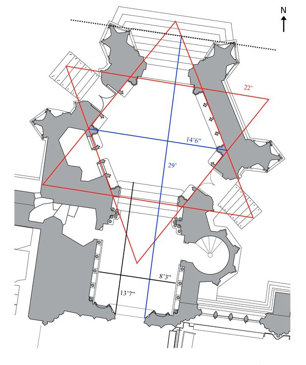 Plan. Footprint of the porch and nearby structure of St Mary Redcliffe Church shows how the inner space of the porch is hexagonal. Red lines trace the angles to create a six-sided star that overlays the plan.