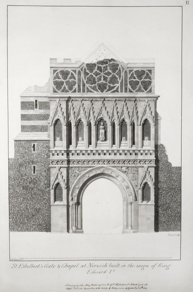 Illustration. This greyscale image, which appears to be rendered finely in watercolour, shows a church gate has a wide, shallowly pointed arch on the lowest level. A gallery-like level above has five arches with a person in the centre one. Windows above and walls to each side of the gate are more loosely drawn in.