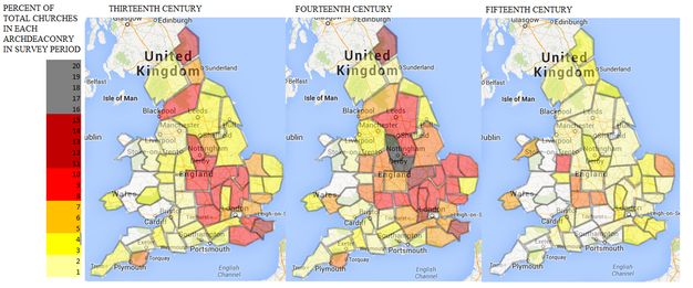 Diagrams. Three colour-coded maps of the United Kingdom are labelled “Thirteenth Century”, “Fourteenth Century”, and “Fifteenth Century”. A scale down the left side is light yellow at the bottom where it measures 1. It moves up through orange, red, dark red, and grey to 20. Text above this reads, “Percent of Total Churches in Each Archdeaconry in Survey Period”.