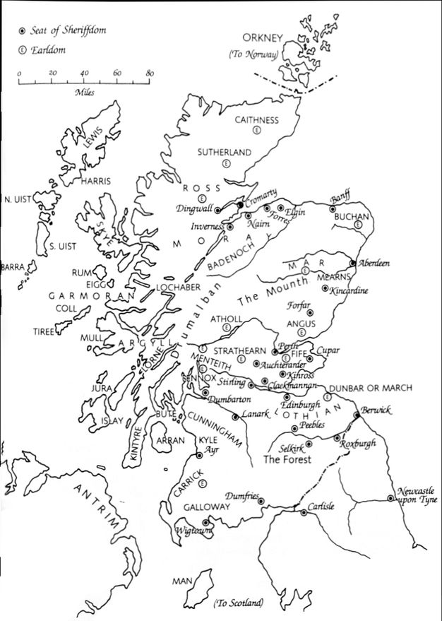 Map of Scotland. Among town and area names, about two dozen locations are identified as “Seat of Sheriffdom” and about half that many as “Earldom” by symbols.