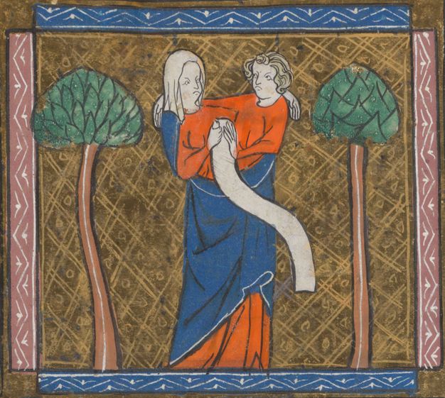 Illumination. A man and woman wearing red robes are swathed in a shared, royal-blue cloak. They each wrap an arm around the other’s shoulders, and they look at each other, frowning. In their other hands, they hold a long scroll.