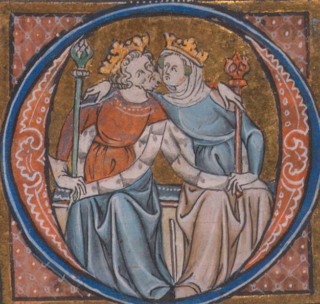 Illumination. In a letter O, a king and queen lean towards each other as if for a kiss. Their eyes are open and mouths downturned. Each extends an arm across the other's shoulders and reaches for the sceptre their counterpart holds.