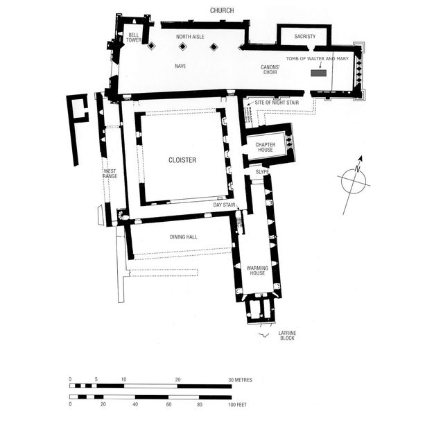 Plan. The footprint of the Inchmahome Priory has areas labelled for the cloister, dining hall, chapter house, warming house, bell tower, church, sacristy, and other features. The “Tomb of Walter and Mary” is represented by a grey rectangle near the sacristy.
