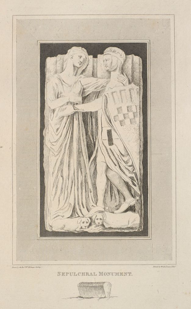 Print. We look down on a man and woman lying next to each other on a carved monument in this engraving. The woman is on her back and looks towards the man, one hand wrapped around his neck. The man lies on his side, a shield at his back, and he reaches towards the woman’s hip.