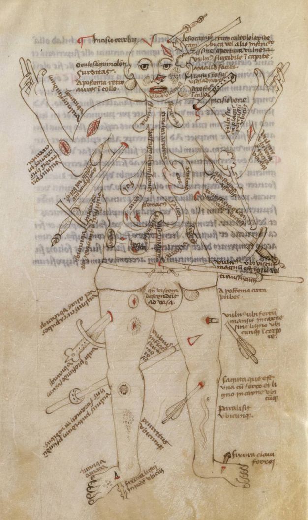 Illumination. A man has been poked, cut, sliced, stabbed, and scraped with knives, daggers, spears, arrows, and branches. Text is written alongside the wounds. The top half is more difficult to make out because the dark text on the other side of the page shows through.