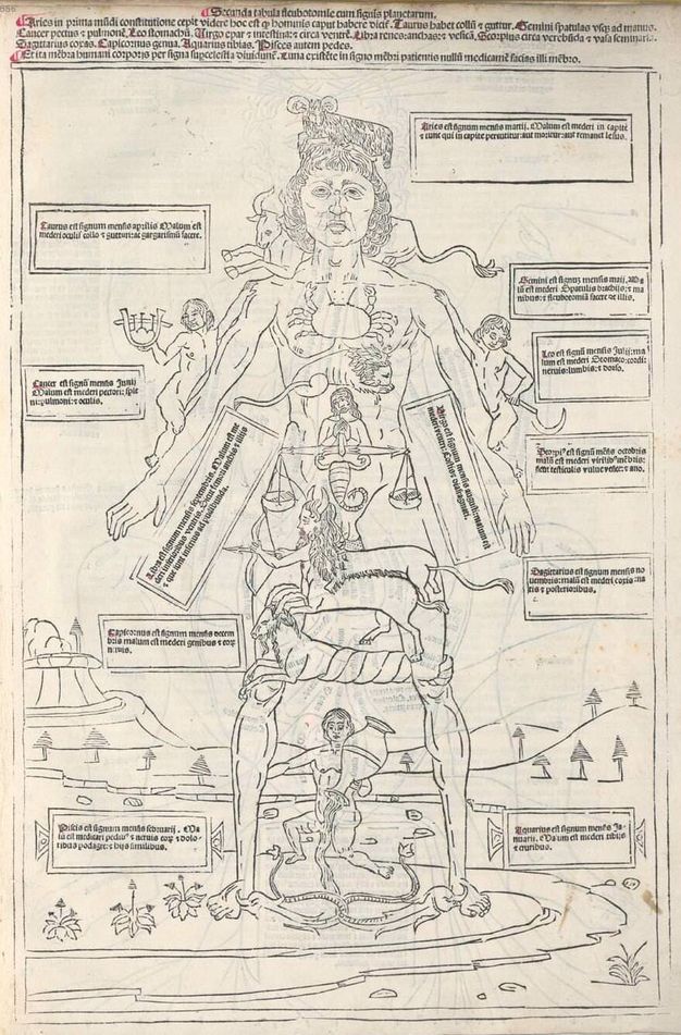 Illustration. A man’s body is overlaid with symbols of the zodiac, and labels in rectangular cartouches surround the figure. He towers over the landscape in which he is standing.