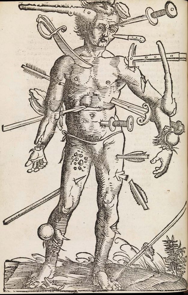 Print. A muscular man is poked, sliced, stabbed, and bludgeoned with knifes, clubs, a hammer, swords, canon balls, and arrows. Both hands are almost severed at the wrists.