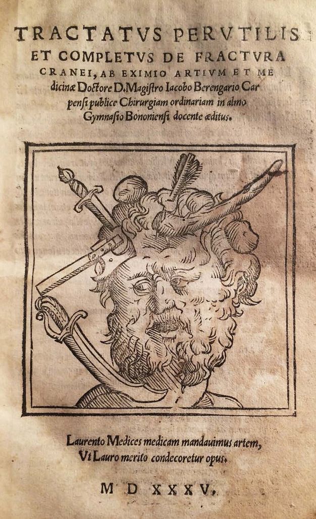 lllustration. This frontispiece for a book consists of a central vignette showing a man’s head suffering blows from a club, arrow, sword, axe, dagger, and rocks. He has a curly beard and hair, and he looks off to our left with mouth open. The title is in Latin above and there is more text and a date below.