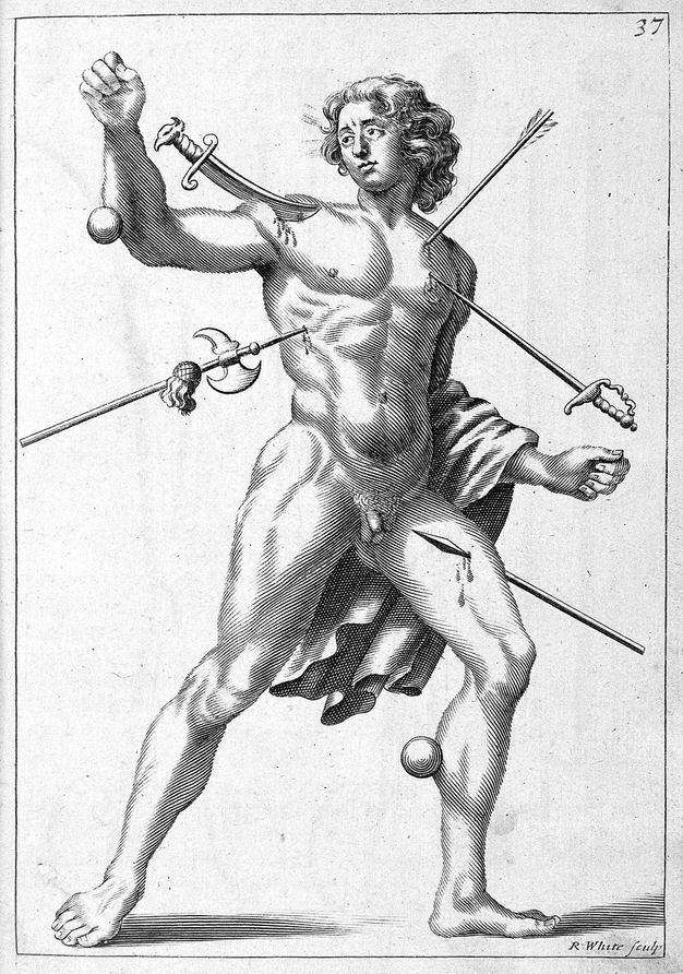 Print. A muscular nude man with wavy hair strides to our right, one arm raised. An arrow, spear, halberd, sword, and dagger pierce his skin, and two cannonballs strike his arm and leg.