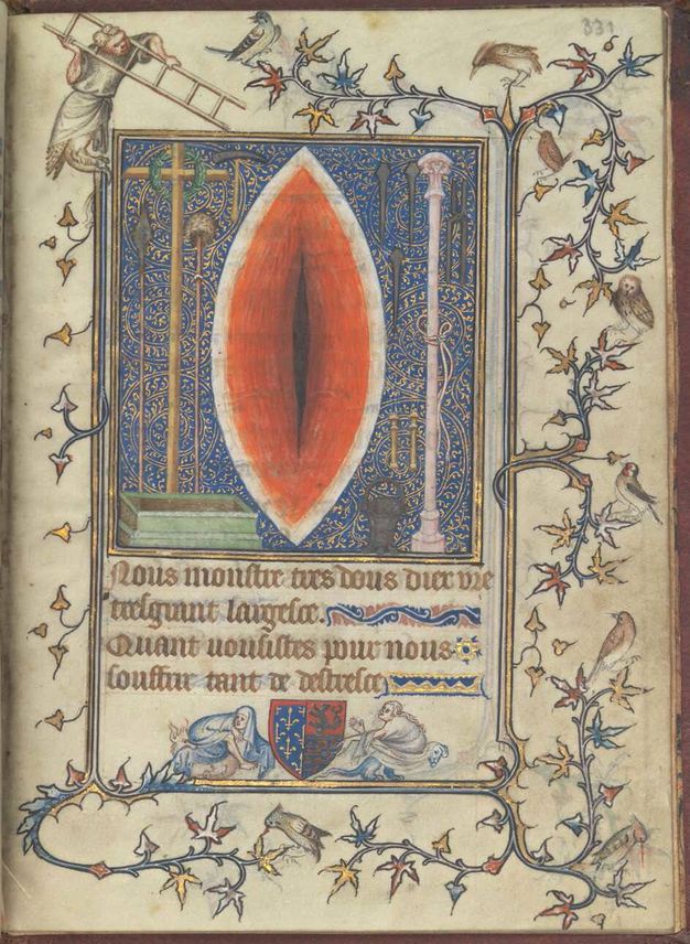 Illumination. A framed square is dominated by an almond-shaped, red wound. A cross, crown of thorns, spear, sponge, hammer, and coffin are to the left of it. Nails, a column, pincers, whips, and a vessel are to the right. There is text below the image, and the whole is surrounded by leafy branches and birds.