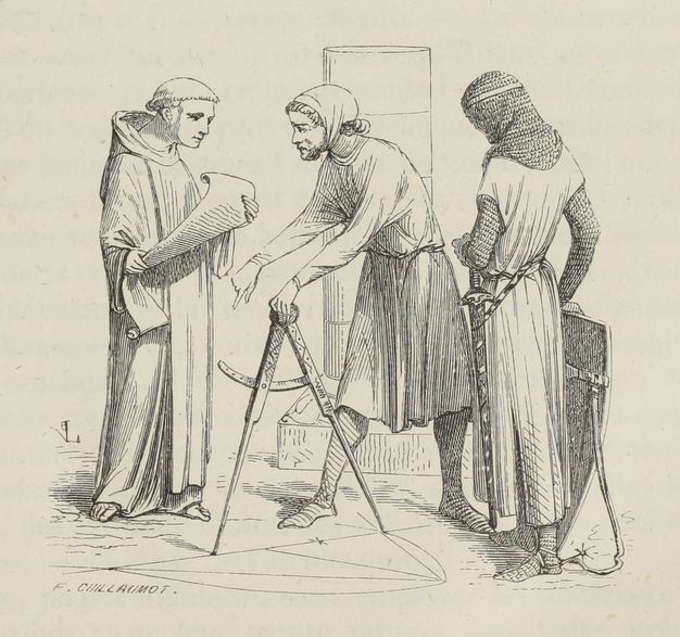 Illustration. Drawn in black and white, a man wielding a compass, which he uses to draw an arch on the ground, stands between a tonsured monk and a knight wearing mail. A name in the lower left reads, “F. Guillaumot”.