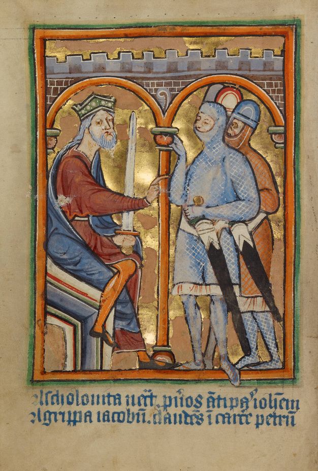 Illumination. A crowned man holds a sword and sits on a throne under an arch. He has pale skin, a grey beard and hair, and wears red and blue robes. Three soldiers stand under another arch to our right. The background is shiny gold, and blue writing is below.