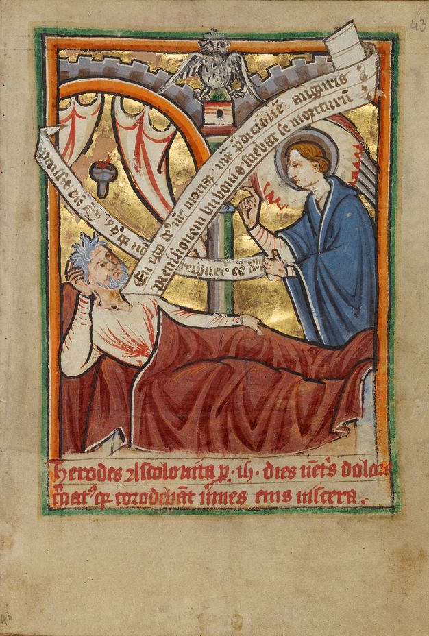 Illumination. Under two arches, a man with pale skin and grey hair lies back on a bed, covered by a red cloth. A winged angel appears to our right, one finger raised. An owl stands over the column separating the arches. Scrolls with writing unfurl from both people.