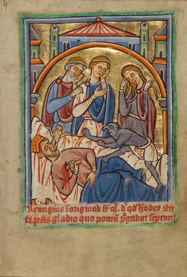 Illumination. A man lying on a bed has stabbed himself in the chest. A tiny person emerges from his mouth. A grey-skinned demon with a hooked nose climbs up the bed towards the man’s head. Three people with pale skin look on from the far side of the bed.