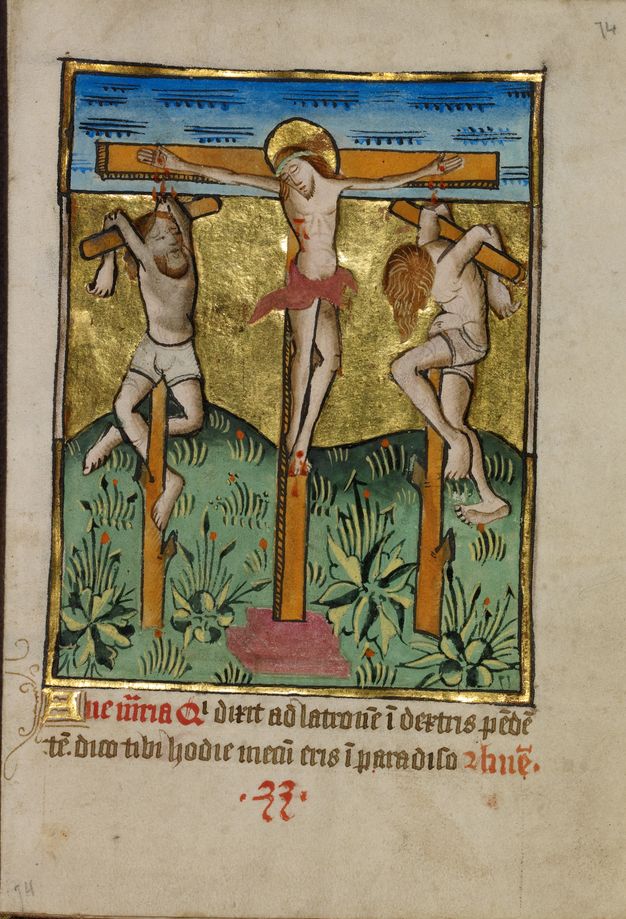 Illumination. Three pale-skinned men hang from wooden crosses on grassy hills in front of a gold background. The man in the middle, Jesus, has a halo, and blood trickles from nails driven through his palms and from one nailing both feet to the cross. The other men hang with their elbows hooked backwards over the crossbeam, their arms broken and bodies contorted.